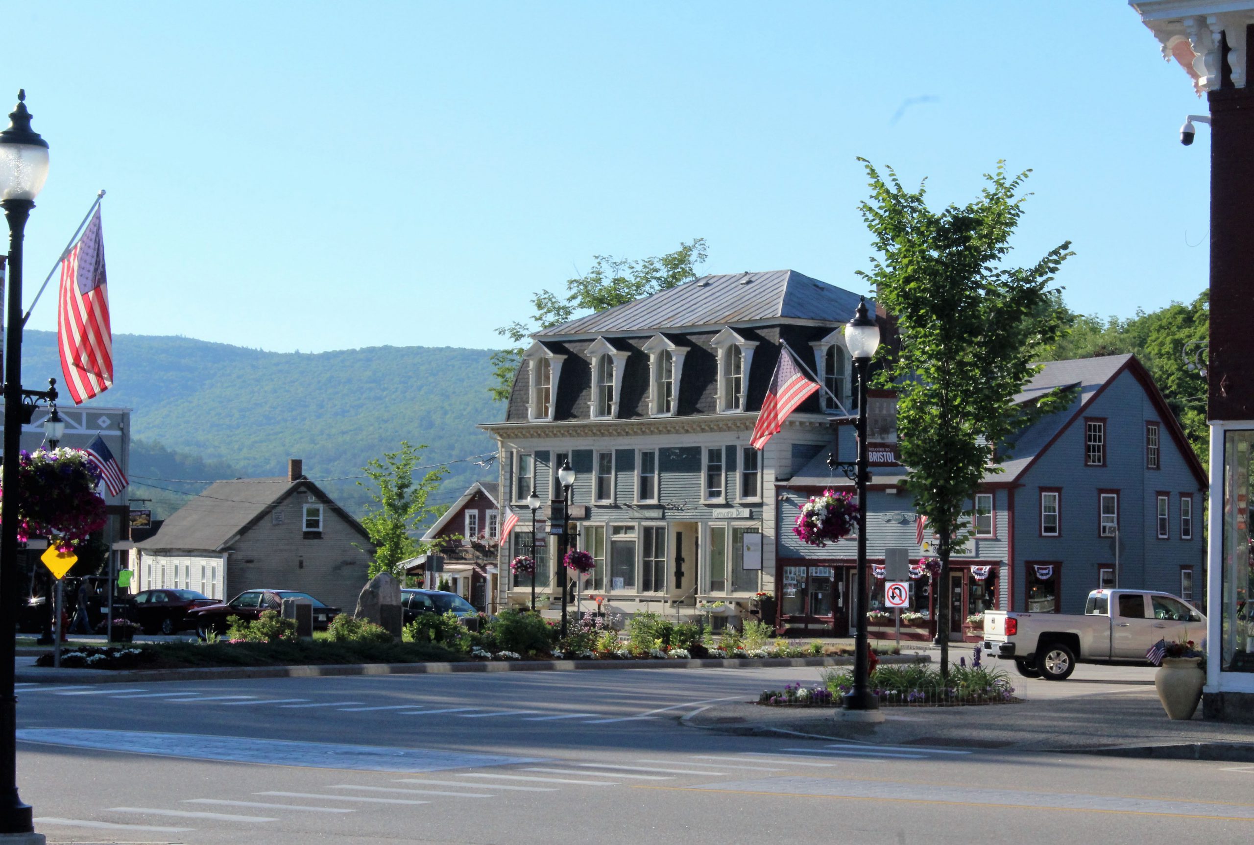 Downtown Bristol NH Central Square park and buildings