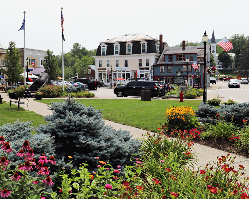 Bristol NH town square in summer with flowers