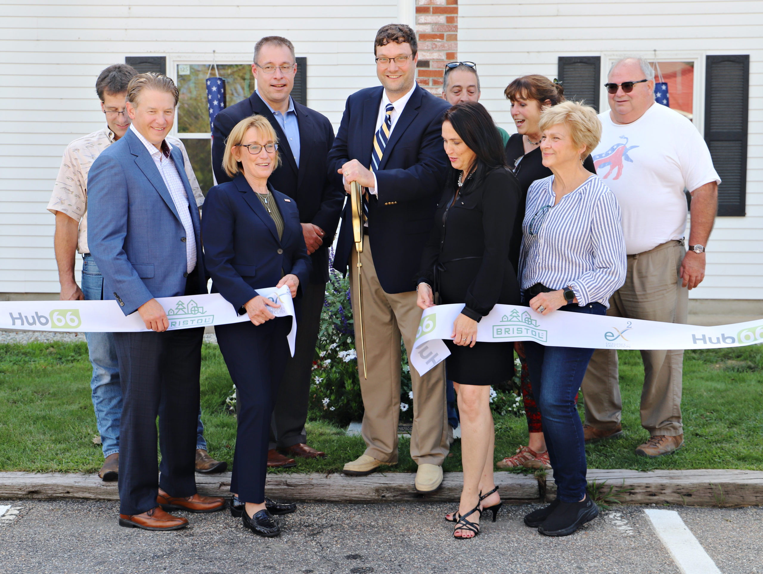 bristol broadband now ribbon cutting with Nicholas Coates Town Manager and Sen Maggie Hassan and others smiling