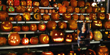 Jack-o-lantern display at night, located in Bristol, NH